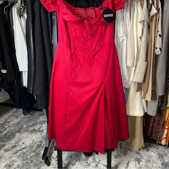 Babyboo Courtney Red Off-Shoulder Corset Midi Dress with Slit - Picture 6 of 13